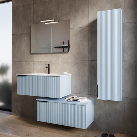 Meuble de salle de bain suspendu modulaire cannelé 90 cm bleu capri deux tiroirs avec lavabo et colonne Fuji (1/3)