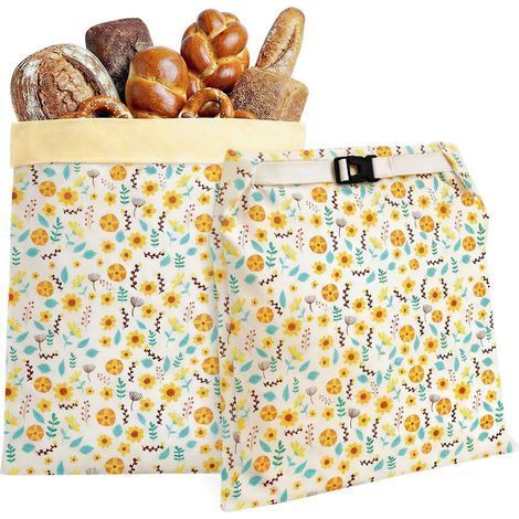 Sacchetti per il pane extra-large in cera d'api (set da 2, fantasia girasole) – Sacchetti riutilizzabili per conservare il pane, 100% cotone (1/5)