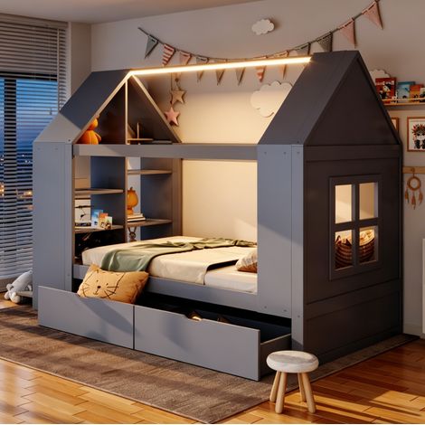 Kinderbett 90x200 cm grau aus Massivholz mit LED, Schubladen und Stauraum (1/5)