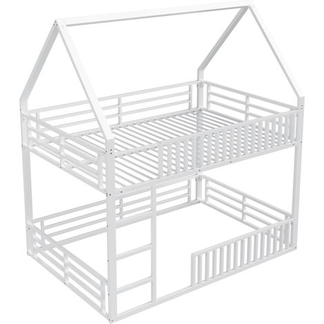 Haus-Etagenbett 140x200 aus weißem Metall mit Geländer und LED (1/5)