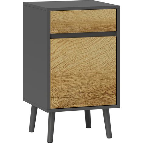 Comodino con Cassetto e Armadietto Moderno Senza Maniglie, 40x39x69 cm, Grigio Scuro e Legno