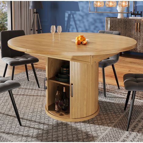 Tavolo da pranzo rotondo allungabile 118(158)x118x76.8 cm, piano estraibile, ripiano interno, MDF color naturale (1/5)
