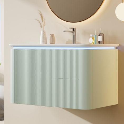 Meuble sous-vasque suspendu 80,5x47,5x51 cm entièrement laqué, structure verticale, éclairage LED design anti-choc lavabo monobloc vert (1/5)