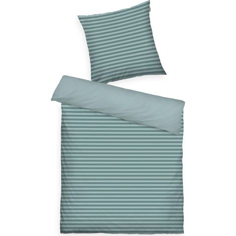 Housse de Couette, 80x80 + 135x200cm, 100% Coton/renforcé, Motif Réversible et Fermeture Eclair Colorée, Medium Stripes Turquoise (Fresh Sage, Smokey Sage) (1/5)