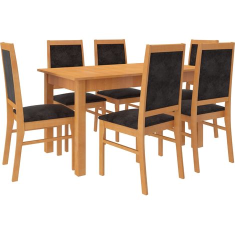 Ensemble table extensible 140-180cm et 6 chaises en bois clair de hêtre et tissu noir Klarika (1/5)
