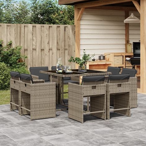 Set comedor jardín 9 pzas y cojines ratán sintético gris vidaXL (1/5)