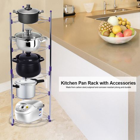 Étagère de rangement à 5 niveaux pour casseroles et poêles de cuisine, en fil métallique résistant. (1/5)