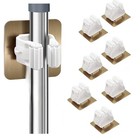 Juego de 8 soportes para escobas sin taladro para montaje en pared — Soporte para escobas de pared: para cocina, escalera, baño y garaje. (1/5)
