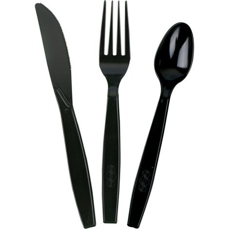 Juego de 300 cubiertos de plástico reutilizables, 100 tenedores, cuchillos y cucharas, ideal para vacaciones, reuniones familiares y acampadas (negro) (1/5)