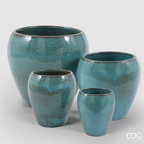 EDG Enzo De Gasperi Set 4 Pz Vaso Glaze Bombato H 68 Cm H 52 Cm H 42 Cm H 32 Cm Waterproof Turquoise