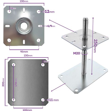 4 Embases Pied de poteau réglable - Fixation rectangulaire - Platine 130x200mm - M20 - Acier galvanisé - Fabrication Europe (1/4)