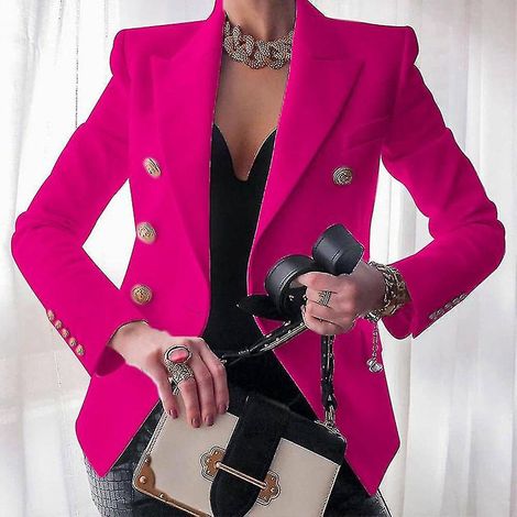 Veste courte tailleur femme, couleur unie, idéale pour le travail et les déplacements quotidiens - Taille L - Rose rouge (1/4)
