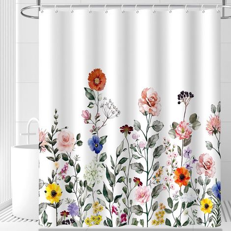 Rideau de douche anti-moisissure - Blanc - Motif végétal - Simple - Rideau de douche 180 x 200 cm - Imperméable - Polyester - Anneaux de rideau de douche (1/5)
