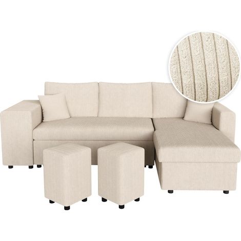 Loungitude – Canapé d'angle réversible convertible OSLO – 5 places – Velours côtelé beige – Coffre de rangement – 2 poufs d'appoint (1/5)