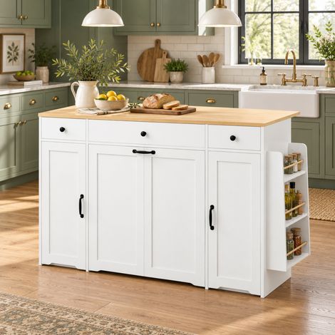 Buffet de cuisine 136 cm avec 3 tiroirs et 2 portes, meuble de rangement avec plateau effet bois, armoire vaisselle pour salle à manger - Blanc et bois (1/5)