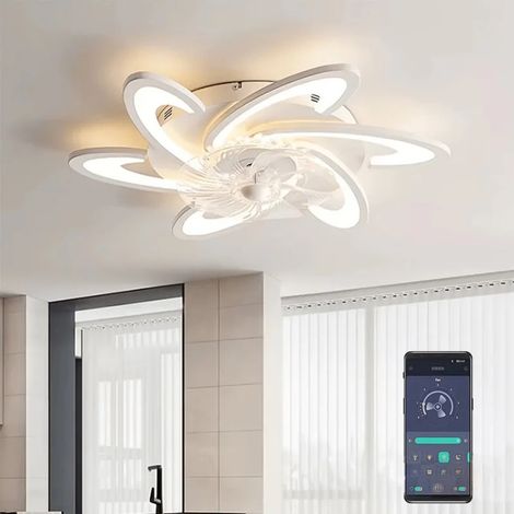 Ventilateur plafond LED moderne blanc, ventilateur de plafond avec lumière réglable, contrôle application, minuterie pour chambre salon cuisine (1/5)