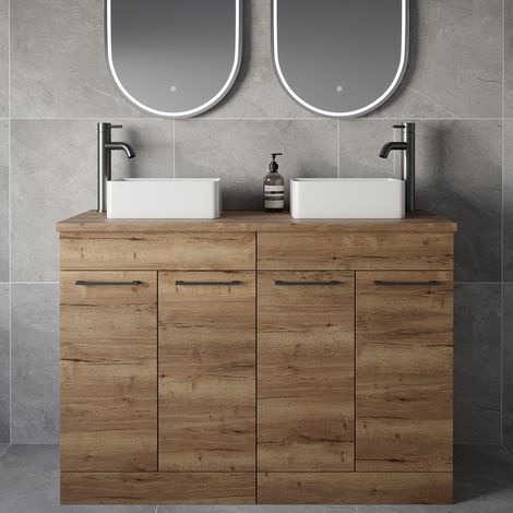 Napoli 460 Tobacco Oak 1200mm 4 Door Vanity Unit for Countertop Basins - 1200mm - Gunmetal Grey 160mm Handle