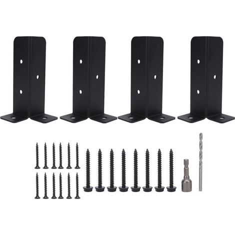 Supports d'ancrage robustes pour poteaux, 4 jeux, kit de montage avec base métallique, support universel pour terrasse, clôture, porche, rambarde, supports de base pour poteaux en bois (1/4)