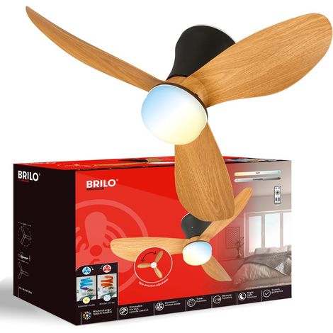 Briloner Ventilateur de plafond télécommande Ø78x26cm 15W 2050lm 3000K-6500K blanc chaud à blanc lumière du jour moteur DC noir - Ventilateur lampe chambre salon