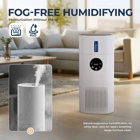 Purificateur d'Air et Humidificateur 2 en 1, Filtre HEPA H13, Ultra Silencieux 25 dB, Prise d'Air 360°, Élimine Odeurs, Fumée, Pollen et Allergènes, pour Animaux, Pièces 20-50 m², Blanc (1/5)