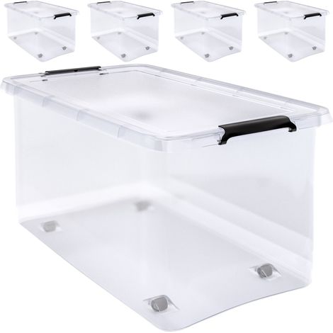 Deuba – Boîte de rangement plastique transparent 60L – Empilable sans BPA – Dimensions 58 x 39 x 35 cm – Pour rangement vêtements, jouets, outils (1/5)