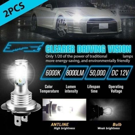 Ampoules H7 - LED 6000 K - 55 W - 8000 LM - Pour Feux De Croisement Et Antibrouillard - Lot De 4 (1/4)