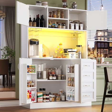 Küchenbuffet Hoch mit 4 Türen und 2 Schubladen, LED, Getränkehalter, für Küche, MDF, Weiß, 120×40×188 cm