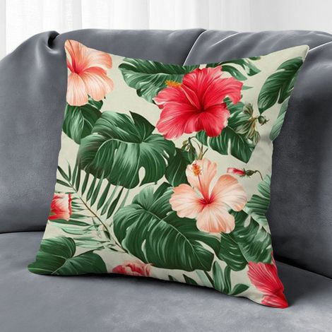 Housse de coussin feuilles vertes fleurs, décoration canapé intérieur,50×50cm (1/5)