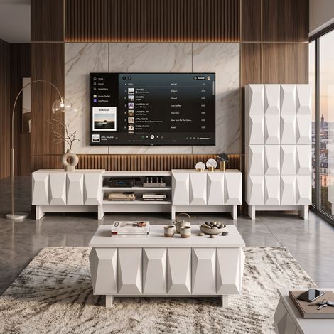 Creahappy Ensemble Meuble TV 180cm, Buffet et Table Basse - Rangement Salon Moderne - Façades 3D Géométriques - Blanc Mat (1/5)