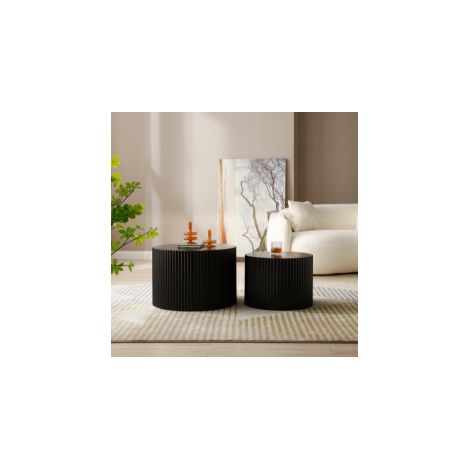 Table basse gigogne ronde lot de 2 Ø60x40 et Ø48x35 cm noire, relief, MDF, sans montage MEUBLIV (1/5)