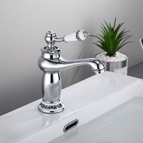 Mitigeur lavabo de salle de bain haute classique en laiton, Design Elégant Robinet Lavabo, haut poignée en céramique pour salle de bain avec eau chaude et froide (argent)-Crezuo (1/4)