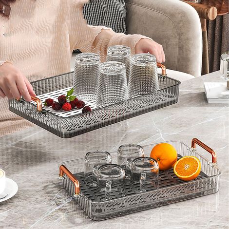 Teetablett für Zuhause, ideal fürs Wohnzimmer, mit Trockenaufgussschale, leichtem und luxuriösem Teeservice, Tassenhalter, doppelwandiger rechteckiger Abtropfschale, großes graues Modell. (1/5)
