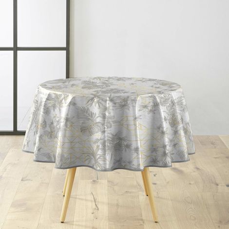 Nappe ronde Ø160 cm PVC imprimé – Finition biais – Métallisé Coconut Gris