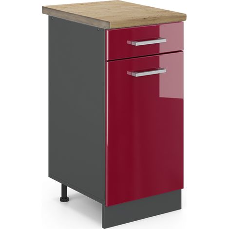 Küchenunterschrank R-Line, Bordeaux Hochglanz, 40 cm , AP Eiche, Vicco