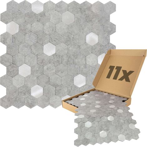 Wandpaneele selbstklebend, Hexagon Muster 0,88m², 11 Stück Wandverkleidung feuchtigskeitsbeständig, Premium Qualität für Bad und Küche - Hellgrau Silber