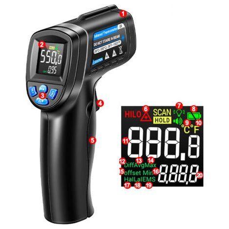 Thermomètre Infrarouge, -50°C~550°C Sans Contact Thermomètre Laser Avec Écran Couleur LCD pour Cuisine/Réparation/Pizza/Industrie (PAS pour l'homme) (1/5)
