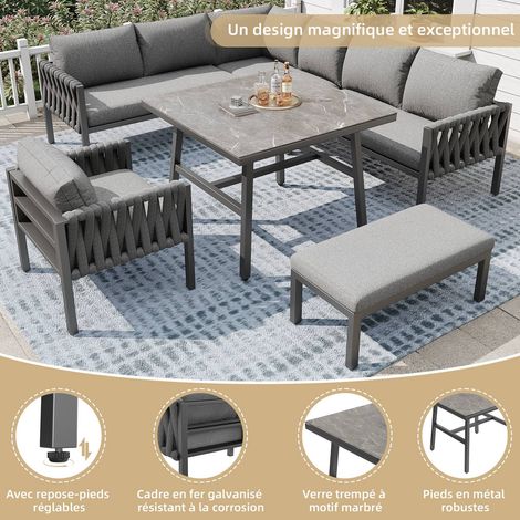 Salon de jardin complet modulable en corde tressée, canapé d’angle, fauteuil, banc et table effet marbre, structure métal, coussins gris inclus (1/5)