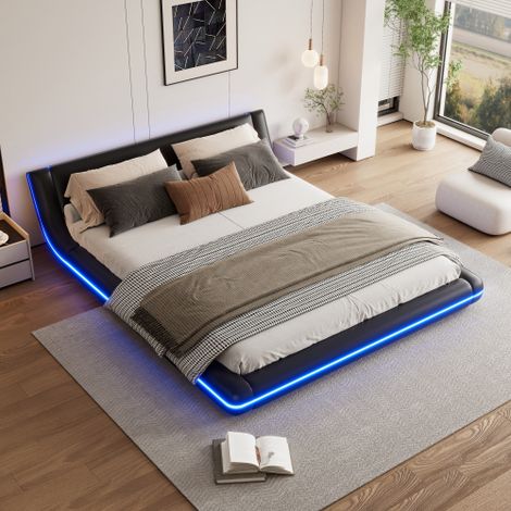 Letto matrimoniale per adulti 160×200 cm - Luce LED con telecomando - Rete a doghe inclusa - Rivestimento in PU nero (materasso non incluso)