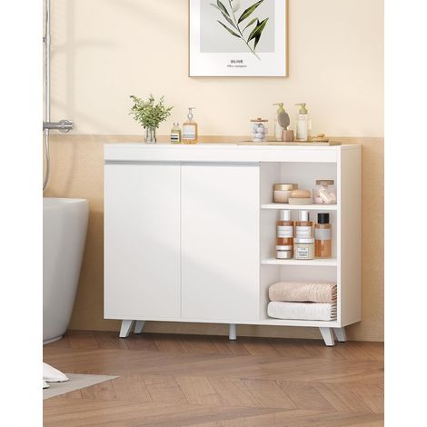 Meuble bas de salle de bain blanc – Armoire de rangement avec 2 portes et 3 étagères ouvertes – Dimensions 30x100x82 cm – MDF résistant aux rayures