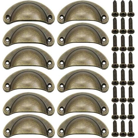 12 x Vintage Shell Handle for Drawer, Cabinet, Kitchen Furniture, Iron-Nickel Alloy Half Moon Furniture Knob, Cupboard Door Knob, 8.1cm x 3.5cm, Bronze (1/5)