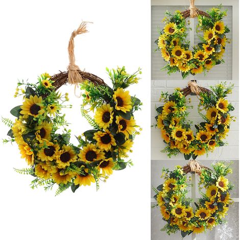 Couronne de Porte Tournesol Artificielle 40cm, Guirlande Florale Feuillage Vert, Décoration Classique Facile à Suspendre pour Maison, Mur, Fenêtre, Mariage, Noël, Halloween, Toutes Saisons