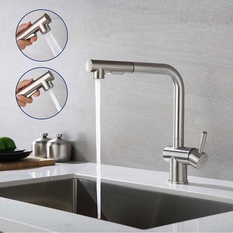 Rubinetto Cucina Doccetta Estraibile 40cm con 2 Funzioni Girevole a 360 Acciaio Inossidabile 7-Form Miscelatore Monocomando per Lavello con gorgogliatore removibile Spazzolato (1/5)