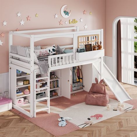 Lit mezzanine enfant - KOMHTOM - Mezzanine 90x200 - Toboggan - Penderie et rangements - Échelle 4 marches (1/5)