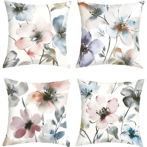 Housse Coussin 50x50 Lot de 4 Fleurs Aquarelle Vintage Abstrait (1/5)