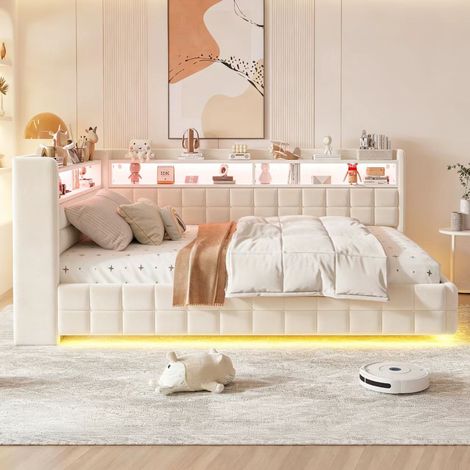 Canapé-lit convertible capitonné 140x200 cm, matelas intégré, coffre de rangement hydraulique, étagère bois, éclairage LED, prises USB/Type-C, sommier à lattes, velours beige, 3-en-1 (1/5)