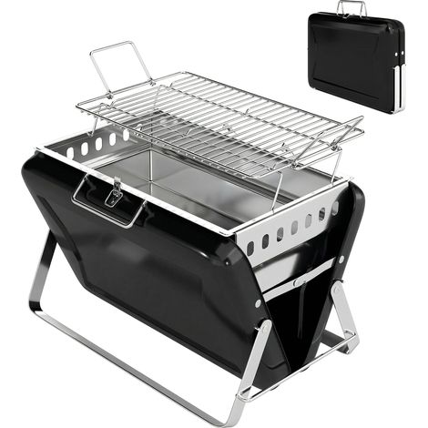 Barbecue fumoir à charbon de bois en acier inoxydable avec grille, poignée et pieds pliables, idéal pour les grillades et le camping, 40 x 28 x 25,5 cm, noir.
