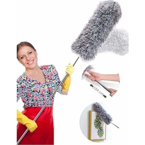 Plumeau Poussière Télescopique 254Cm, Tete De Loup Telescopique Microfibre Pliable Flexible Poignée En Acier Inoxydable, Lavable Parfait Pour Nettoyage Des Ventilateurs De Plafond, Toile D'Araignée (1/5)