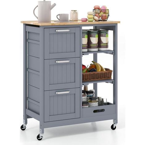Desserte de Cuisine à roulettes, Chariot de Service avec Plateau, 3 Grand Tiroirs, 3 Étagères de Rangements,37x67x83,5 cm (Gris) (1/5)