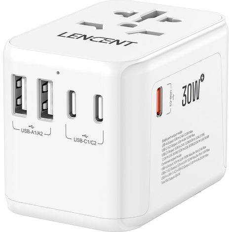 Adaptateur de Voyage Universel 30W GaN III, 2 USB A + 3 USB C PD  Prises Interchangeables UE/US/UK/AUS pour +200 Pays, Double Fusible Sécurité, Adaptateur International Blanc (1/5)