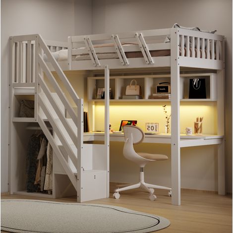 Letto a soppalco in legno bianco 90x200 cm con scrivania, scala contenitore, LED e prese